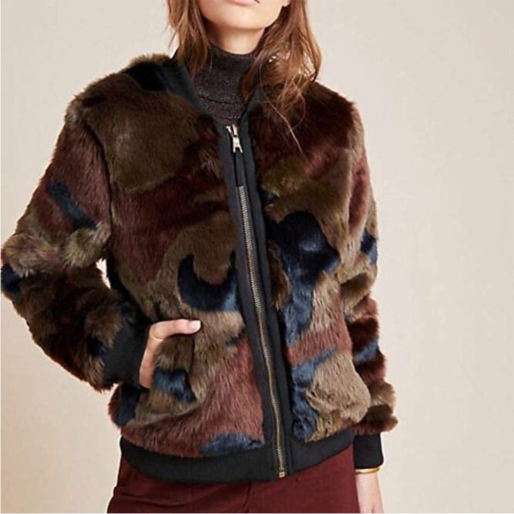 Anthropologie Marrakech Alyssa Faux Fur Green Moss Camo Bomber Jacket Size L